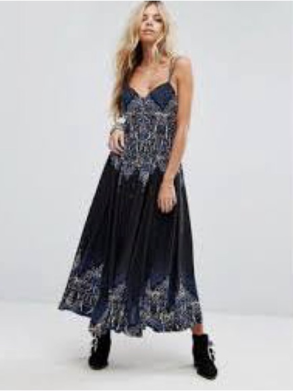 Free People Navy and Black Embroidered Spaghetti-Strap Maxi Dress